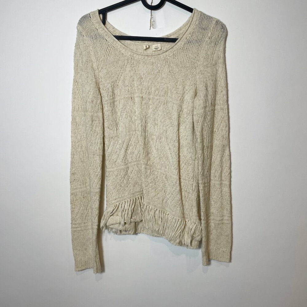Anthropologie Moth Cream Knit Sweater‎ XS Long Sleeve Fringe Hem Wool Blend